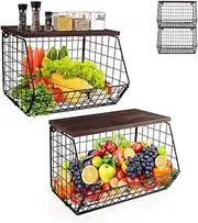 SHENMAIDAY Wall Mounted Fruit Baskets 2-Pack, Stackable Wire Baskets with Wooden lids, Potato and Onion Storage Bins,Fruit and Vegetable Storage, countertop Organization, Kitchen Storage
