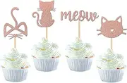 24 Pack Cat and Meow Cupcake Toppers Black Glitter Kitten Cat Cupcake Food Picks Cat Lover Kitten Theme Baby Shower Kids Birthday Wedding Party Cake Decorations Supplies Rose Gold
