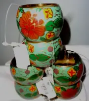 Set of 6 Pier 1 Imports Brass Floral Enamel Napkin Rings Holders All Seasons