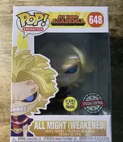 Funko Pop ALL MIGHT Weakened Glow 648 BoxLunch My Hero Academia W/ Pop Protector