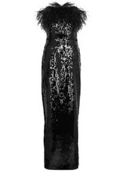 16 Arlington Samare Feather-trimmed Sequin Gown - Black - 8 (UK8 / S) 8 (UK8 / S)