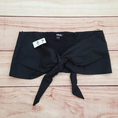 NEW EXPRESS Crop Top Womens Large Black Cropped Shirt Smocked Tie Front Ladies