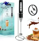 Black Milk Frother Wand for Coffee, Frother Handheld with Stand Rechargeable Ele