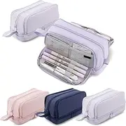 Large Capacity Pencil Case, Macaron Design Multi Compartment 5 Pen Holes 2 Mesh Pockets Pen Case, Smooth Zip Round Handle Durable Polyester Waterproof Organizer for Students Office Travel & Makeup