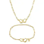 Amour Yellow Silver Paper Clip Link Double Heart Clasp Necklace & Bracelet Set