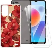 ESACMOT Red Flowers Pattern Case Compatible with ZTE Blade A52 + [2 Pack] Screen Protector Tempered Glass, Shockproof Case Cover for ZTE Optus X Pro 2 (6.52 inch)