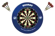 Winmau Blade 6 DUAL CORE Dart Board + Blue Printed Dartboard Surround + Darts