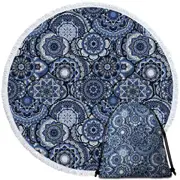 A Pile of Blue Oriental Mandalas Round Beach Towel