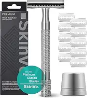 SkinVe® Premium Safety Razor with Stand in Silver Including 10 Razor Blades I Zero Waste Wet Razor for Men and Women I Safety Razor with 2-Sided Blade Head I Plastic-Free