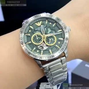 ARMANI 阿曼尼男錶 44mm 銀圓形精鋼錶殼 墨綠色機械鏤空中二針顯示, 雙眼, 運動錶面款 AR00057