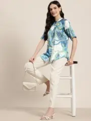 Beautiful Floral Print Mandarin Collar Ethnic Shirt Style Top for Women & Girls
