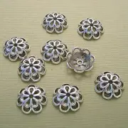 10-Antiqued Silver Flower Bead Cap 14mm.
