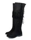 Black Hot Celeb Look BOHO Fringe Trim Over the Knee Flat Boots Open Back