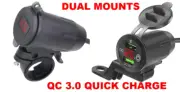 Marine 7/8" Motorcycle Quick Charge Dual USB QC3.0 RED LED Volts W/Dual Mounts