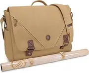 ENHANCE Venture DND Bag - Canvas Shoulder Bag for RPG Players, Dungeons and Dragons, with Vegan Leather Accents, Holds 2-4 Books, Cubes and Accessories, with 17" Laptop Compartment (Khaki), Brown,