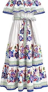 [ABEWIP] Mexican Dress for Girls Mexican Traditional Folk Floral Print Drape Dress with Flounce Belt Cinco De Mayo Fiesta, White With Blue, 5-6 Years