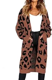 [Cocobla] Women Open Front Knitted Cardigan Loose Long Sweaters Leopard Outerwear Pullover with Pockets