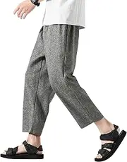 [PRIJOUHE] Mens Harem Pants Casual Lightweight Loose Fit Capri Pants Linen Beach Pants with Elastic Waistband