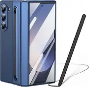 Galaxy Z Fold 6 Case, Samsung Fold6 Case with Built-in Hinge Protector, Samsung Galaxy Z Fold6 Leather Case with Screen Protector + S Pen Stylus Replacement + Pen Holder Blue