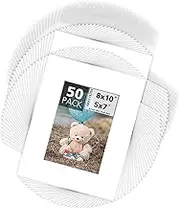 Mat Board Center 8x10 Picture Mat Sets for 5x7 Photo. includes a Pack of 50 White Core Bevel Pre-cut White Core Matte & 50 Backing Board & 50 Clear Bags (WHITE)