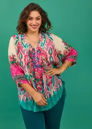 [Virtuelle] Taking Shape Natural Floral Aztec Pintuck Top Size 20 in Print, Viscose - Plus Size Women's Tops & T Shirts Print