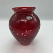 Vintage Bohemia Glass Vase Ruby Red Czech Cut With Clear Leaves Sprigs