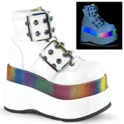 Demonia BEAR-104 White holographic UV reactive boots DISCO RHYTHM PLATFORM BOOTS