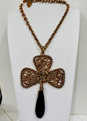 Signed Erwin Pearl Vintage New Gold Tone Cross Black Lucite Necklace 36”
