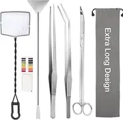 Liveek 7 in 1 Aquarium Aquascape Tools Kit 15 inch, Aquatic Plant Extra Long Aquascaping Tool for Aquarium Fish Tanks Clean Tools Sets with Silver Tweezers Scissors Spatula, Fish net, PH Paper, Bags