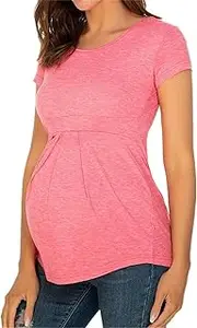 [Generic] Pregnancy Pajamas for Women Maternity/Labor/Nursing Clothing Summer Women Maternity Clothes Round Neck Short Sleeve Ruffle Fold Pregnant Tops Dark Maternity Shirt