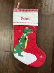 New Pottery Barn Red Gingham Quilted Dinosaur TRex Christmas Stocking Mono Jason