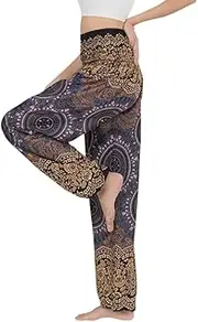 [BANJAMATH] Women's Smocked Waist Harem Hippie Boho Yoga Palazzo Casual Pants, Mandala Black, Small