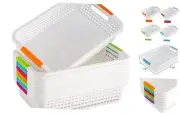8 Pack Plastic Storage Basket with Handle - 12 x 7.6 x 2.6 inch Pantry