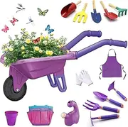 Losbenco 15 PCS Kids Gardening Tool Set for Girls Boys, Toddler Gardening Tools Set with Wheelbarrow, Flower Pot, Storage Bag, Rake, Fork, Shovel, Apron, Garden Tool Set for Kids