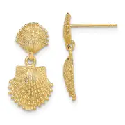 14K Yellow Gold Double Beaded Scallop Shell Dangle Earrings