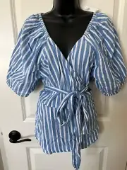 NWT OLD NAVY XL STRIPED WRAP BLOUSE TOP CROSS OVER SPRING SUMMER BLUE WHITE NEW