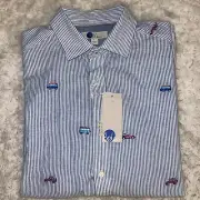 Boden Shirt Top Womens Large Blue Striped Linen Blend Classic Fit MO452STP NWT