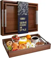 Set of 2 Modern Bamboo Serving Trays with Metal Handles – Wooden Ottoman Trays for Entertaining & Serving Food - Dark Brown