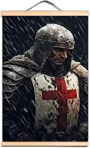 Knights Templar Wall Chart Banner & Flag - Vintage Wall Art Poster for History Aficionados - Crusader Armor Warrior Wall Hanging Scroll Painting on Solid Wood B1