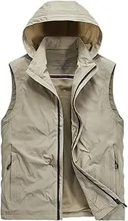 [QtthZZr] Men's Vest Outdoor Breathable Gilet Sleeveless Hooded Jacket Multi-Pocket Casual Fishing Photography Waistcoat