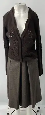Rene Lezard brown tweed wool cashmere blend skirt w/ knit sweater set sz 34/38