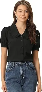 [Allegra K] Women's Peter Pan Collar Shirt Puff Short Sleeve Retro Vintage Blouse