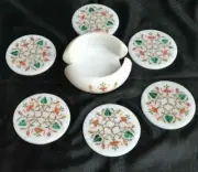 Coffee Inlay Work White Marble Tea Coaster Precious Stone Flower h14