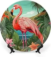 Tropical Flamingo Decorative Plates with Ceramic Decorative Plate for Display, Boho Style Dinner Plate with Display Stand, Porcelain Plate for Decoration
