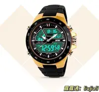 在飛比找露天拍賣優惠-送錶盒土豪金手錶防水潛水錶腕帶錶LED發光冷光運動電子錶雙顯