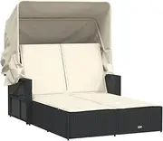 vidaXL Black Poly Rattan Double Sun Lounger with Canopy and Washable Cushions - Adjustable Backrest - Outdoor Patio Garden Day Bed