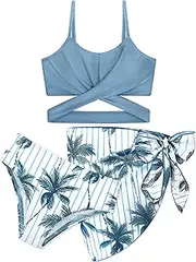 [AlisOker] 3 Pieces Girls Swimsuits Bikini Set Tropical Print Bikini Set Criss Cross Bathing Suit with Cover Up Skirt for Kids