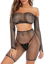 [Abberrki] Womens Sexy Sparkle Rhinestones Fishnet Long Sleeve Crop Top and Biker Shorts Two Piece Lingerie