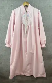 Embroidered Pink Fleece Zip Valletta Vintage Housecoat Women Large Made In USA