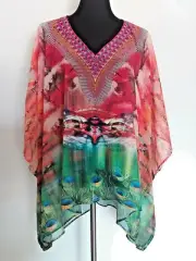 EMBELLISHED DIGITAL PEACOCK FEATHER PRINT V NECK GEORGETTE KAFTAN/ TOP KS23